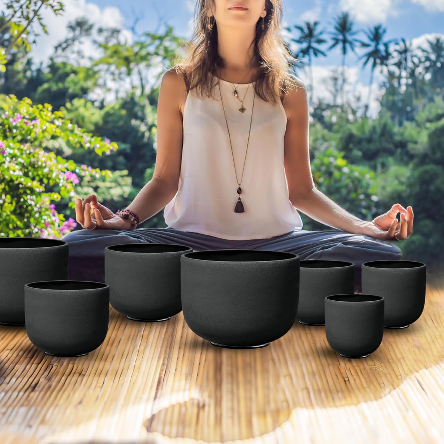 7-12 Inch Black 7 Crystal Singing Bowl Set Frosted Quartz Crystal Sound Therapy Kit with Mallets 2 Cases O-Ring for Yoga Meditation Energy Balancing Reiki Healing