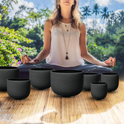 7-12 Inch Black 7 Crystal Singing Bowl Set Frosted Quartz Crystal Sound Therapy Kit with Mallets 2 Cases O-Ring for Yoga Meditation Energy Balancing Reiki Healing