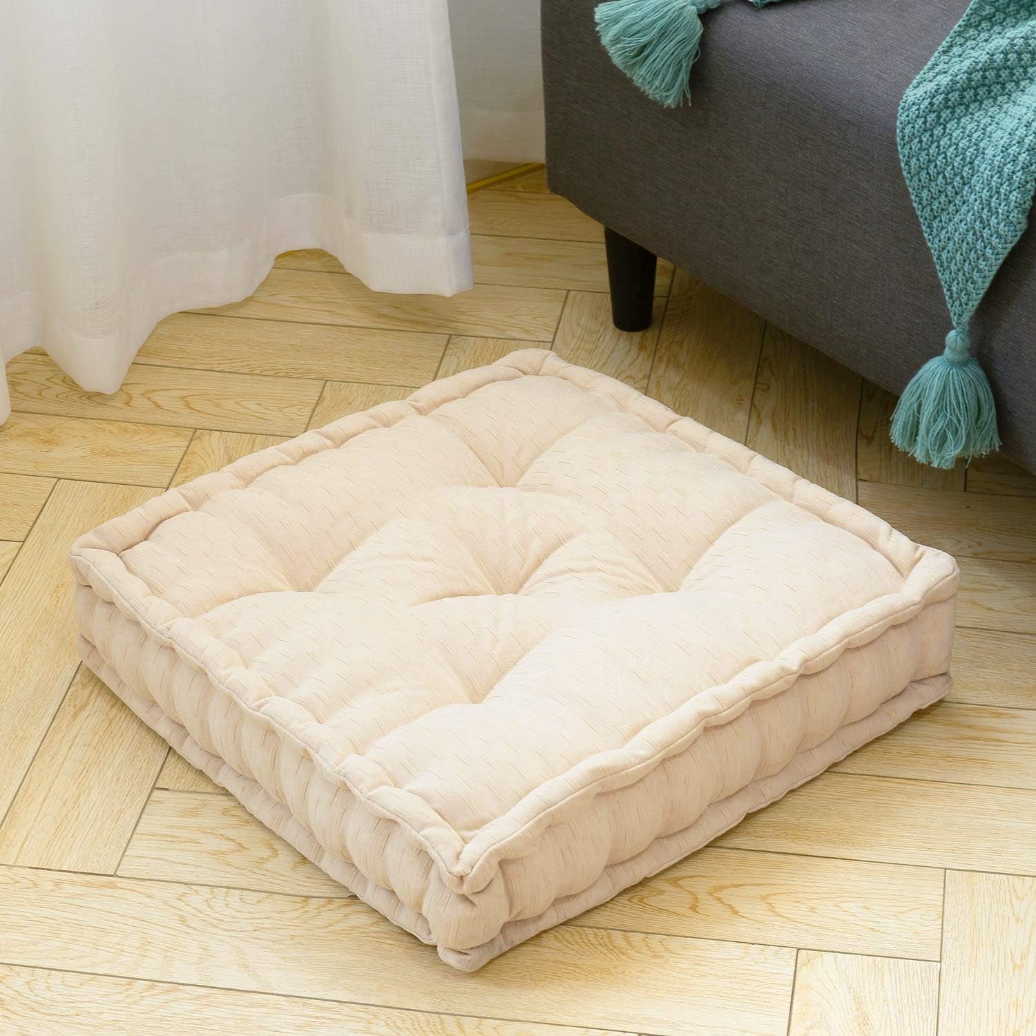 Floor Cushion Pouf, Square Floor Pillow Seating Chenille Meditation Cushion, Thick Tufted Pillows for Living Room Yoga Bedroom Sofa, Beige, 20"X20"X5.5"