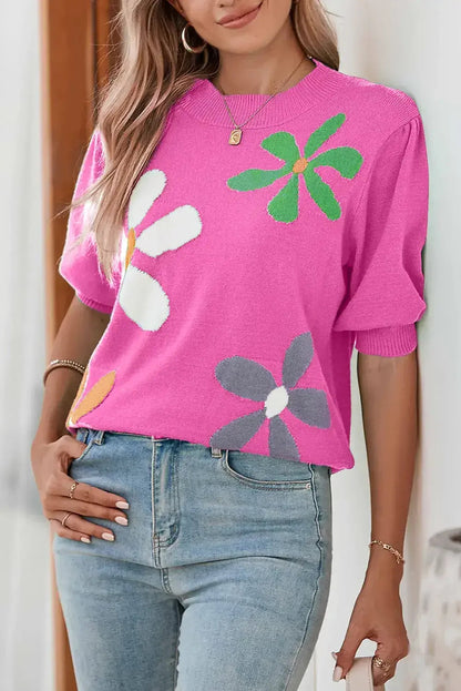 Bright Green 60s Floral Bubble Short Sleeve Knitted Top