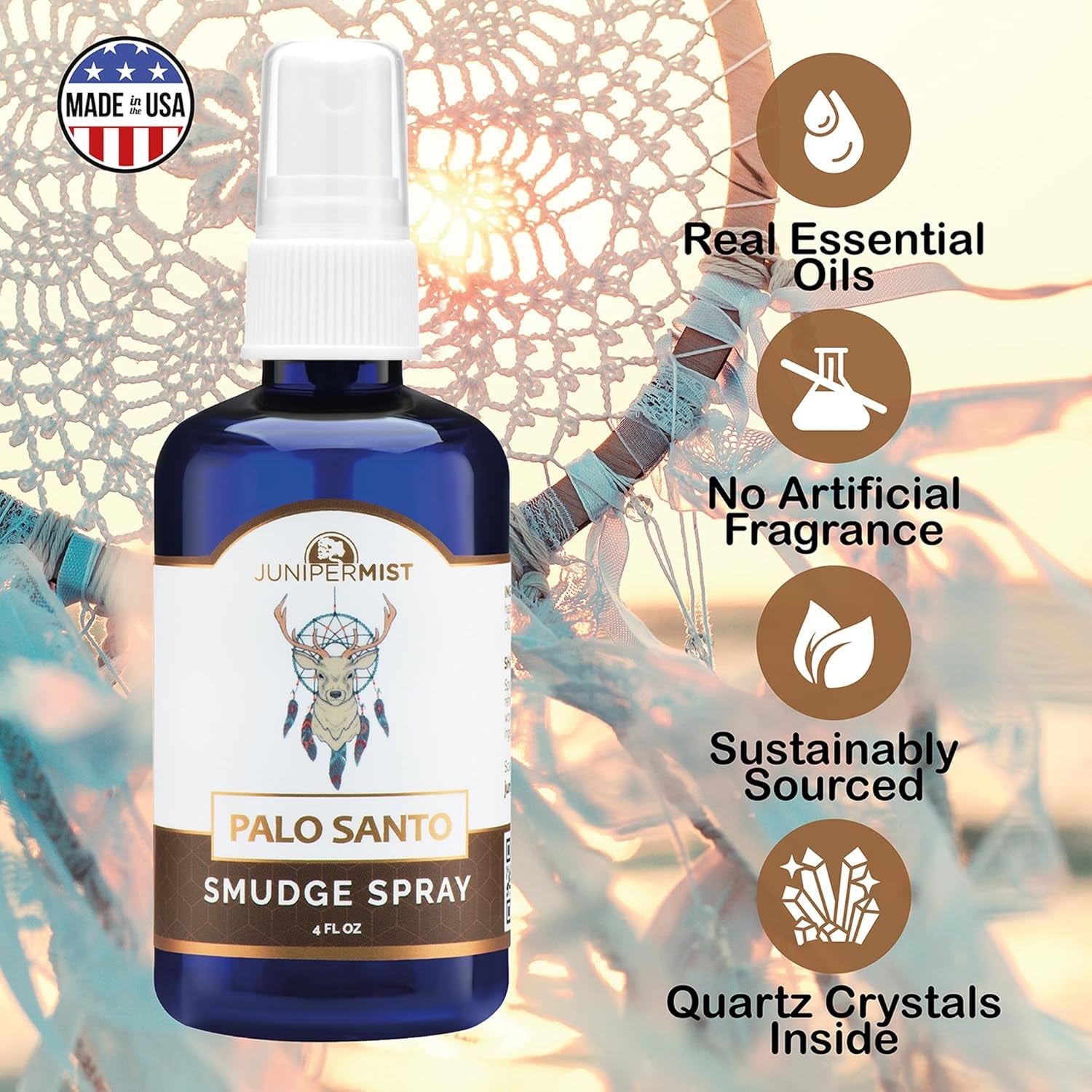 Palo Santo and Sage Smudge Spray (4Oz) Grounding & Clarity - Cleansing Energy & Aura – Sage Spray for Smudging & Negative Energy – Smokeless Mist for Home & Meditation – Crystal Infused, USA Made