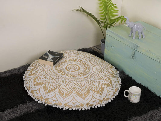 Floor Pillow Cushion Cover - Hippie Mandala Large round Ombre Pouf Sham - Meditation Seating Ottoman Bohemian with Pom Pom with Soft Particles- 18" Gold