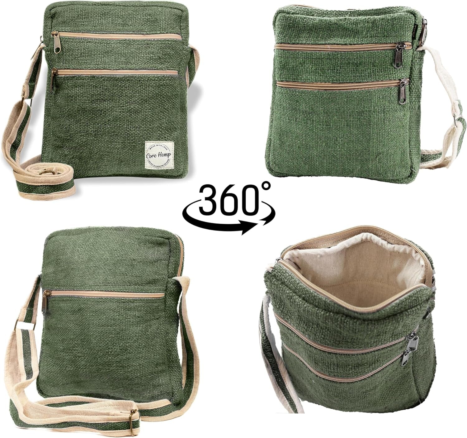 Multi Pocket Crossbody Bag Purse Made from Pure Hemp