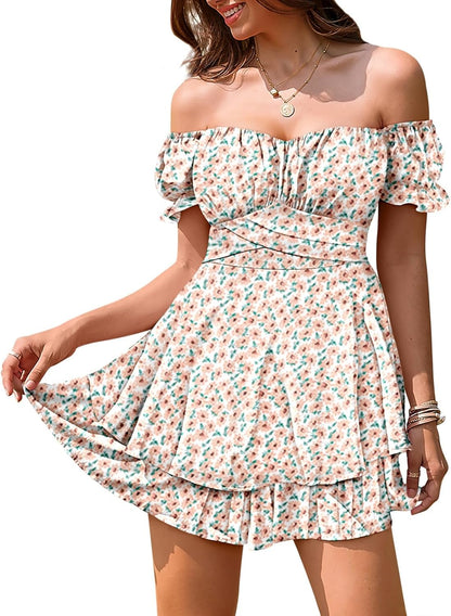 Women Boho off Shoulder Romper Floral Print Tie Back Ruffle Hem Chiffon Short Jumpsuit