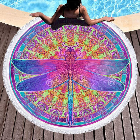 Large round Dragonfly Microfiber Mandala Beach Towel Blanket,Circle Fringe Quick Dry Hippie Boho Circle Bath Towel Absorbent Tropical Meditation Rug Yoga Mat Throw Fringe Tapestry (Dragonfly Mandala)