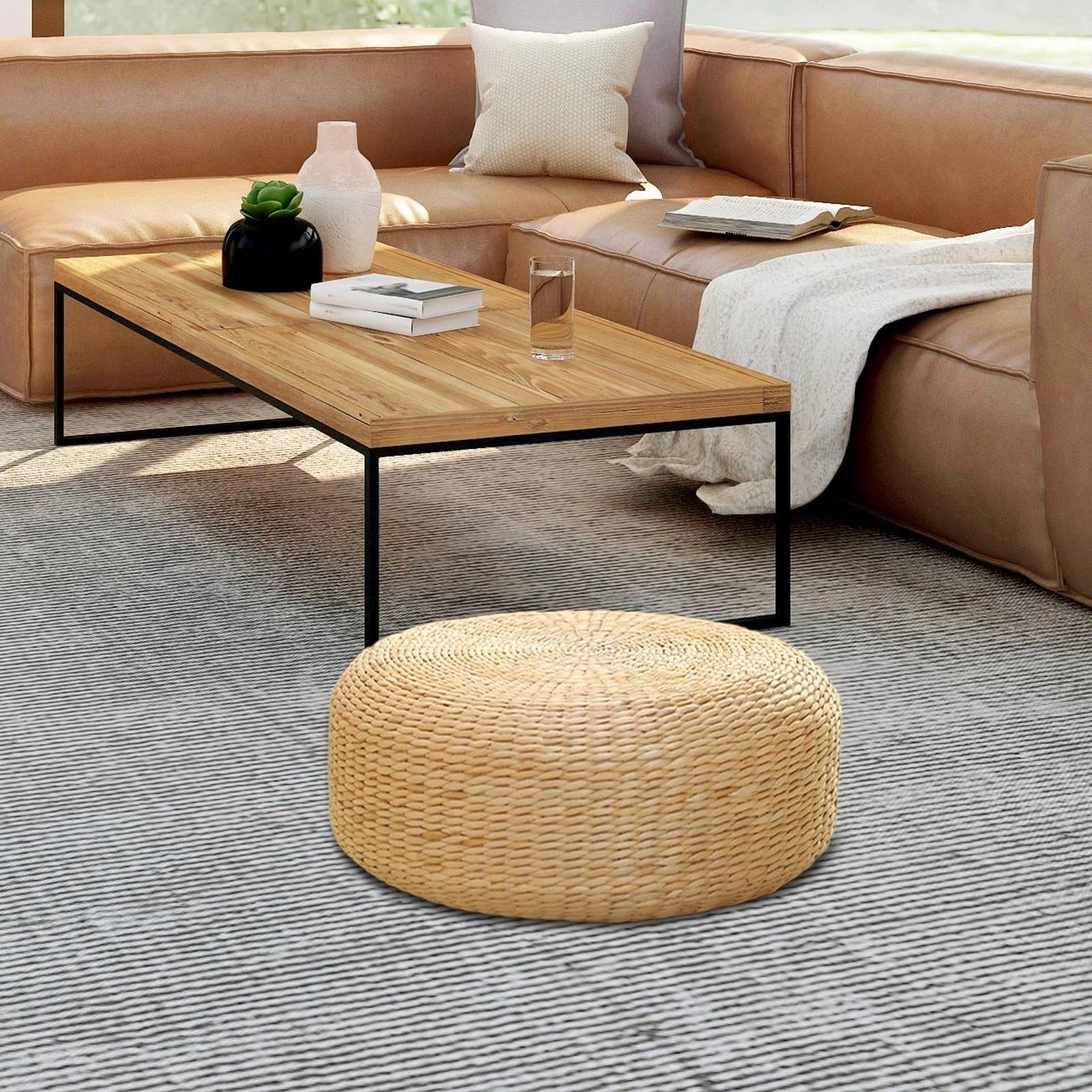 Meditation Cushion Tatami Seat Cushion Reading Home Decor Yoga Handmade Woven Futon Seat Cushion Rattan Floor Pillow for Living Room Bedroom 40Cm Diameter