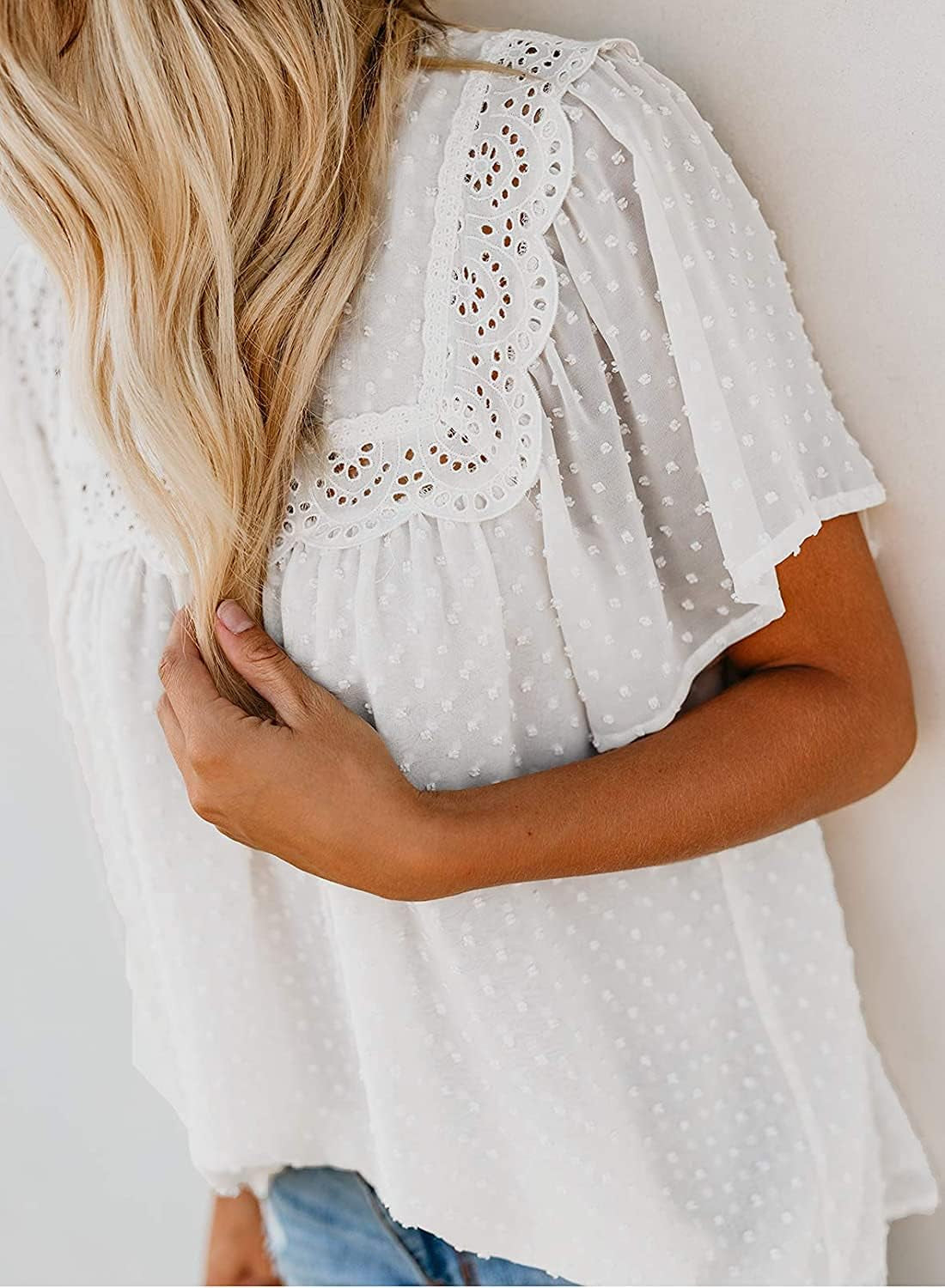 Plus Size Womens Summer Tops Blouses - Ladies Short Sleeve Crochet Lace Chiffon Blouse Polka Dots Boho Flowy Tunic Shirts White