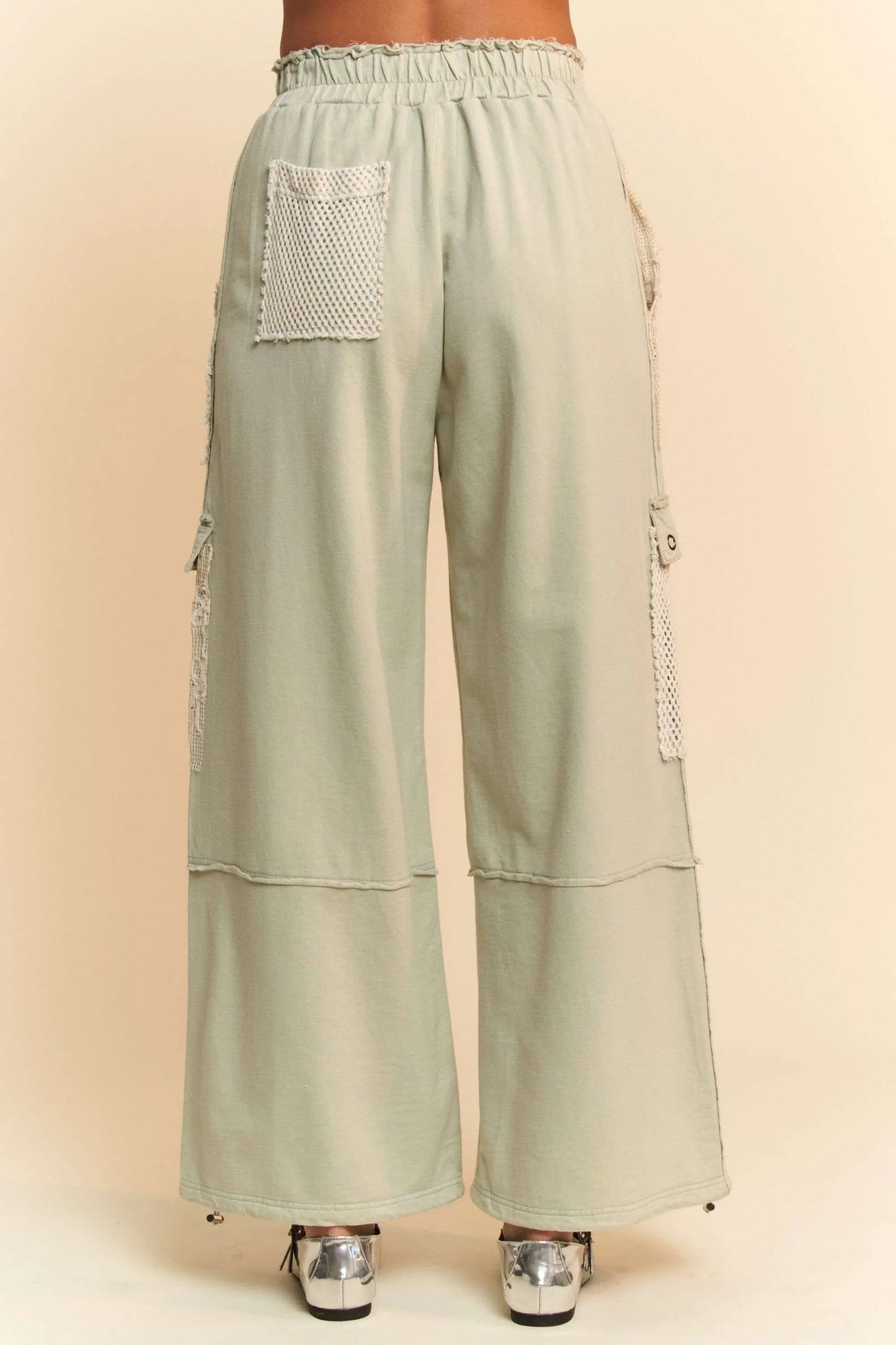 Davi & Dani Lace Patchwork Bottom Opening Adjustable Pants in Sage