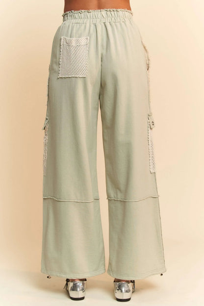 Davi & Dani Lace Patchwork Bottom Opening Adjustable Pants in Sage