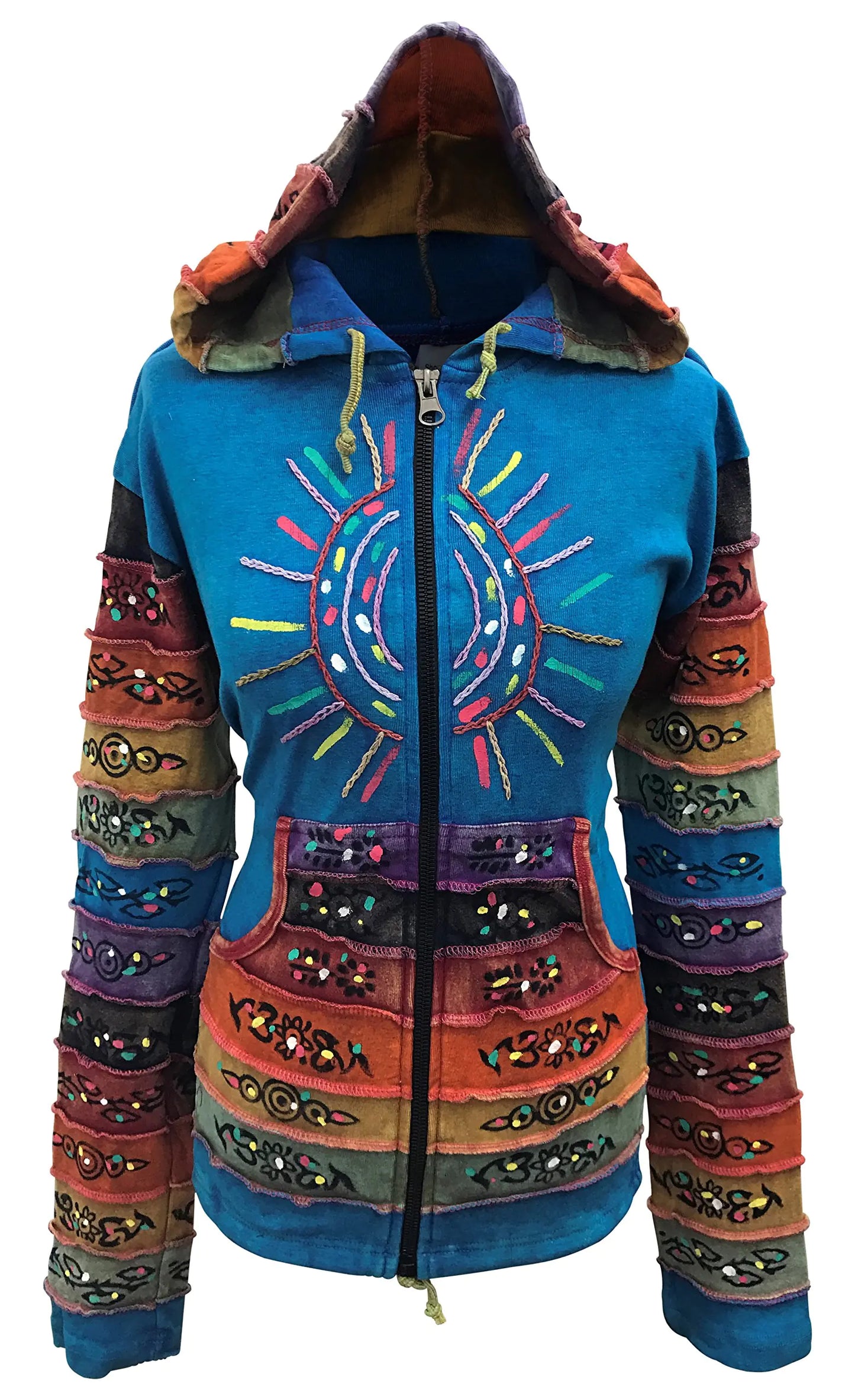 Shopoholic Fashion Womens Sun Patchwork Pixie Hippy Ribs Hoodie Faded Jacket (3XL Blue)