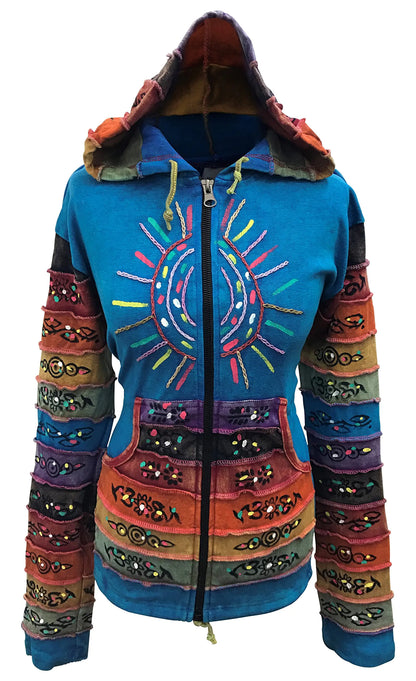 Shopoholic Fashion Womens Sun Patchwork Pixie Hippy Ribs Hoodie Faded Jacket (3XL Blue)