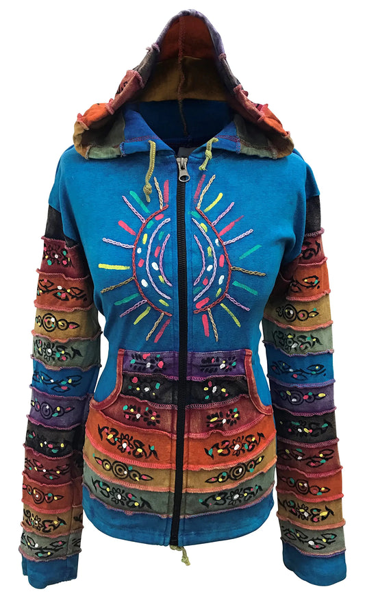 Shopoholic Fashion Womens Sun Patchwork Pixie Hippy Ribs Hoodie Faded Jacket (3XL Blue)