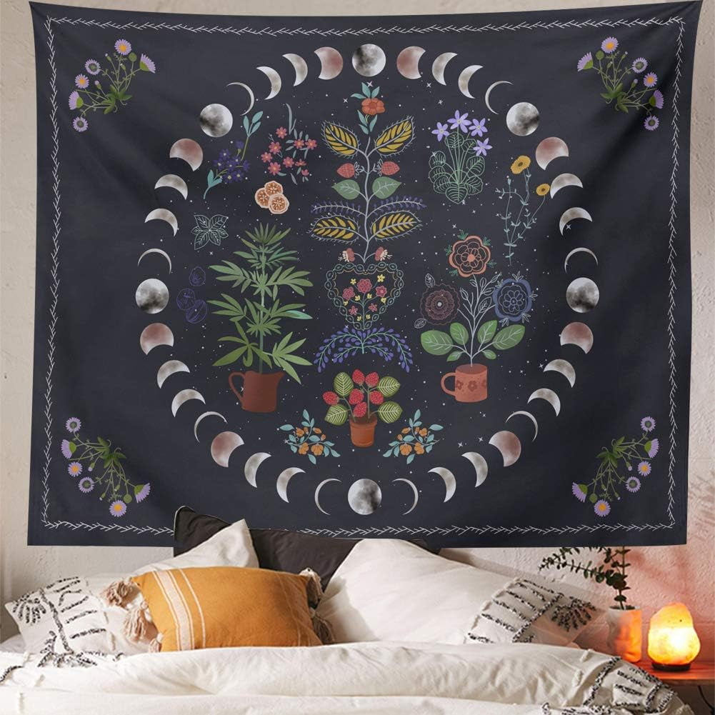 Botanical Moon Phase Wall Hanging - Floral Plants Boho Mandala Wall Tapestry for Bedroom Aesthetic Home Dorm