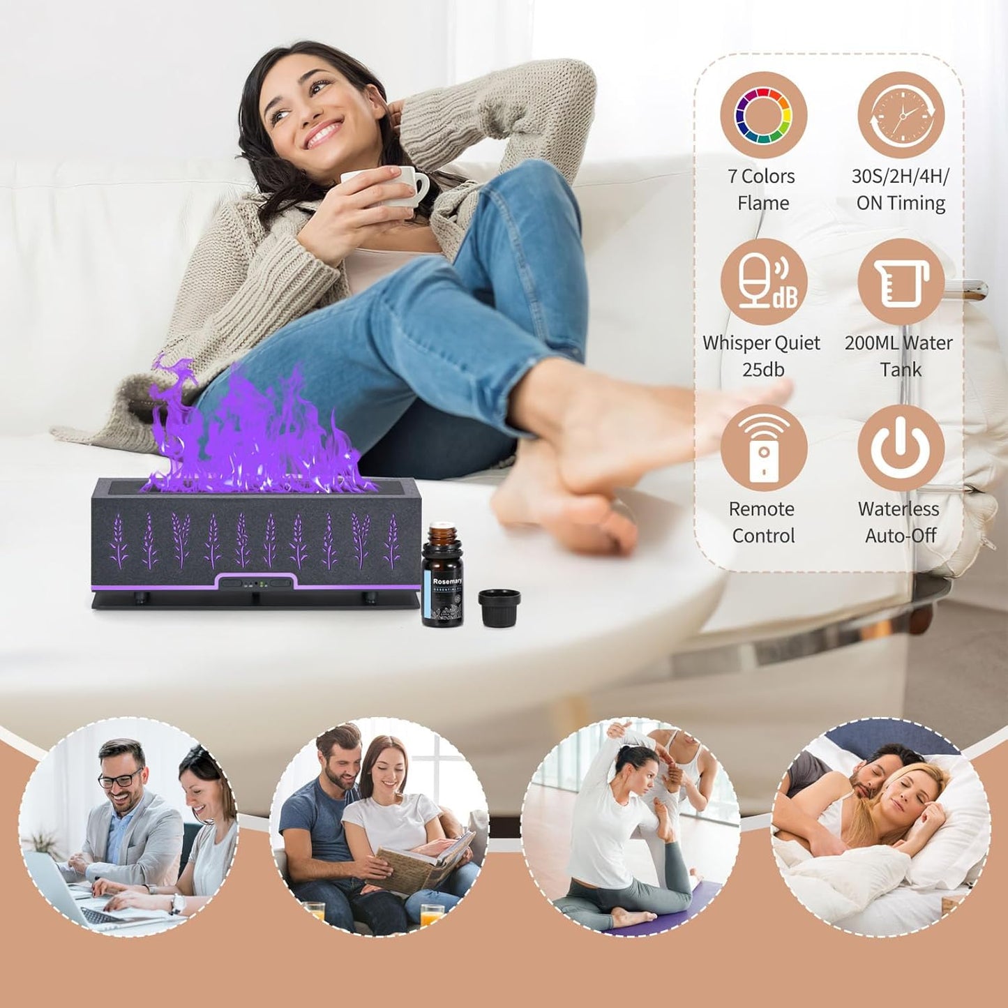 7 Colors Essential Oil Diffuser with 6 Essential Oils Gift Set, 200ML Colorful Flame Aroma Diffuser Aroma 360 Diffuser for Home, Large Room, Bedroom, Office (Gray Set)