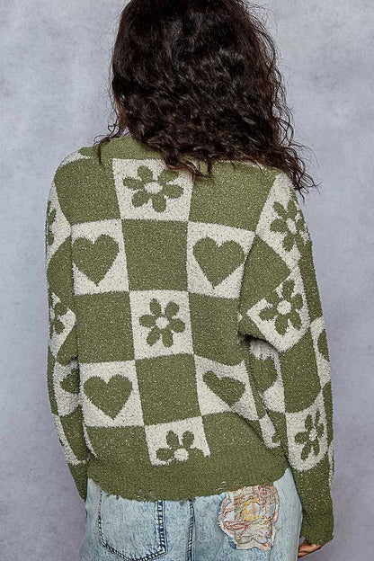 POL V-Neck Heart Pattern Checkered Sweater
