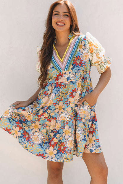 Livia Boho Floral Crochet V Neck Dress
