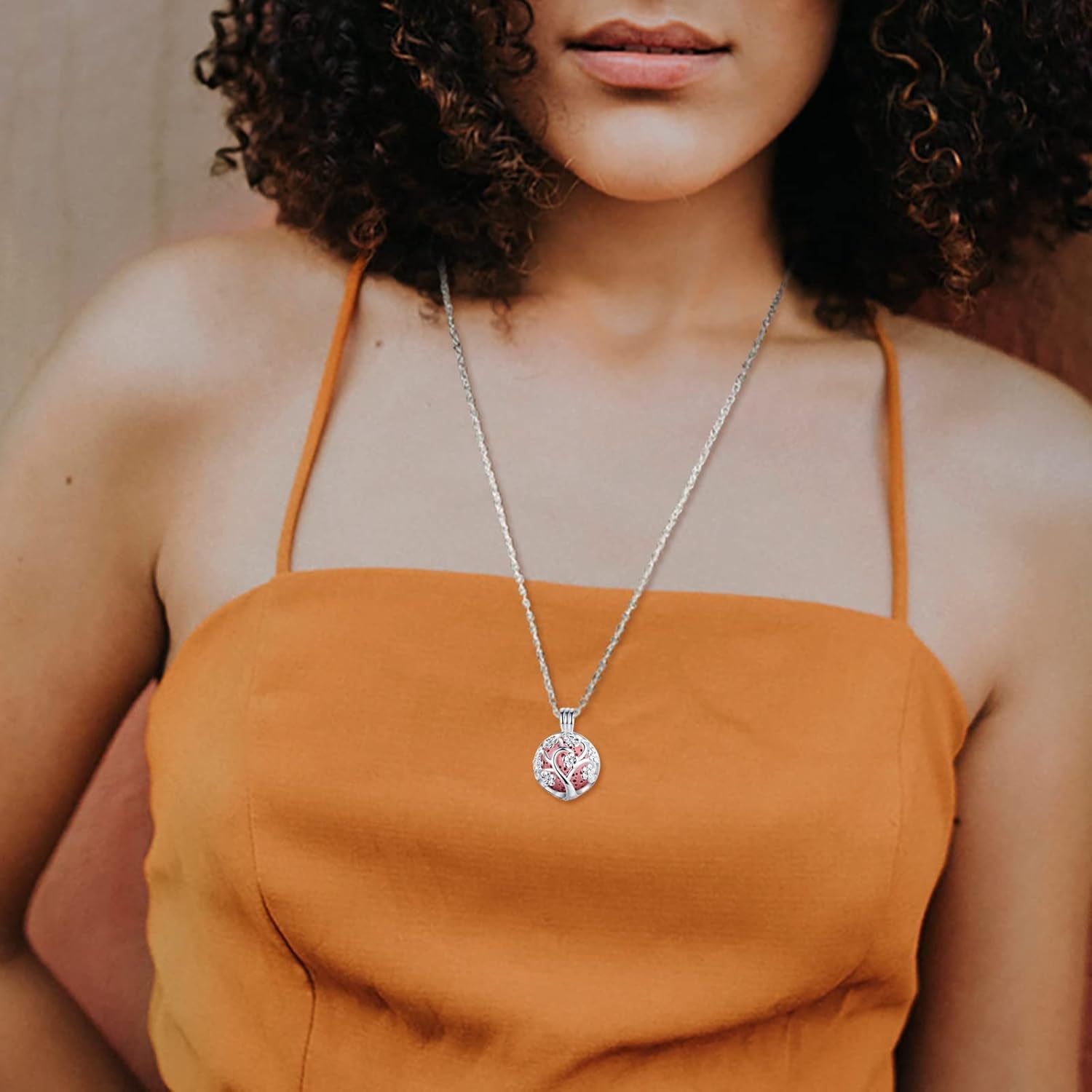 Sakura Tree Aromatherapy Necklace, Essential Oils Diffuser Locket Pendant with 7 PCS Lava Rock Stones and 24" Link Chain