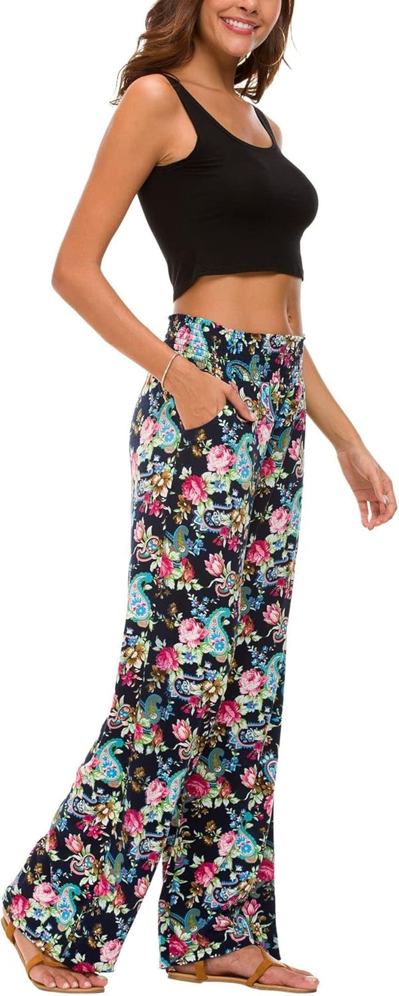 Women'S Boho Palazzo Pants Wide Leg Beach Pants High Waisted Lounge Pants with Pockets