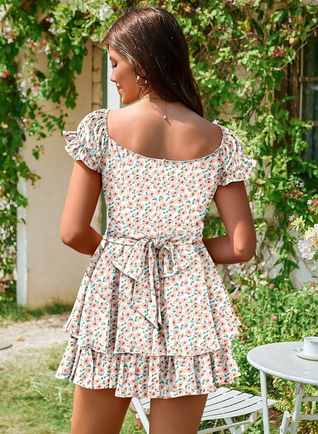 Women Boho off Shoulder Romper Floral Print Tie Back Ruffle Hem Chiffon Short Jumpsuit
