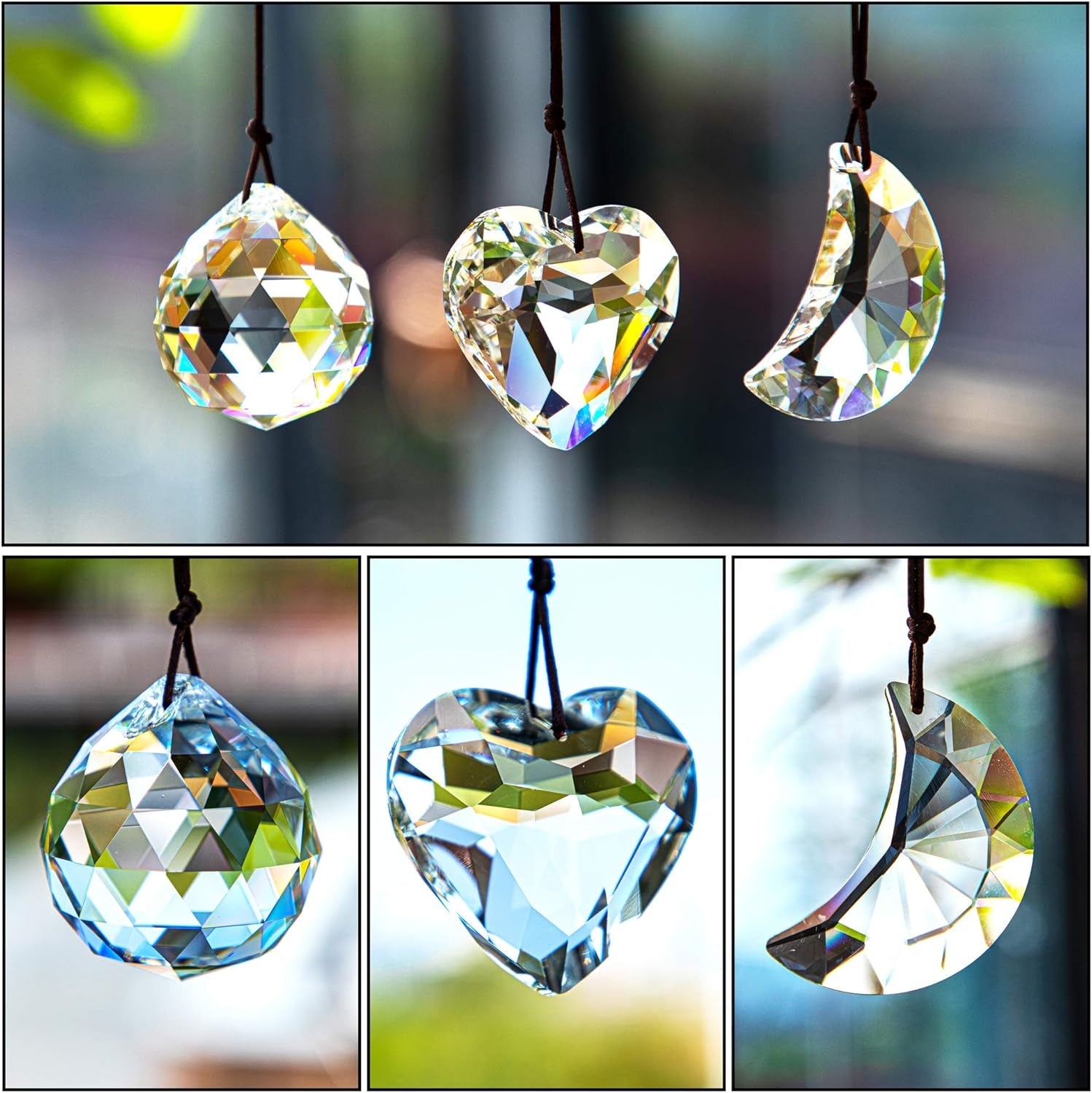 Clear Suncatcher Crystal Prism Ball Heart Moon Window Decor Ornament,Hanging Crystals Prisms for Car Garden,Pack of 3