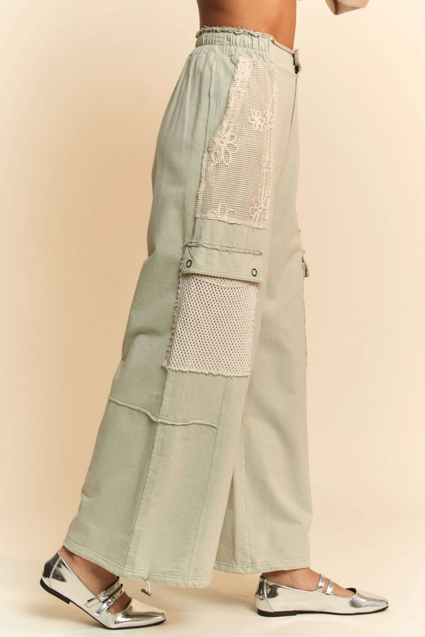 Davi & Dani Lace Patchwork Bottom Opening Adjustable Pants in Sage