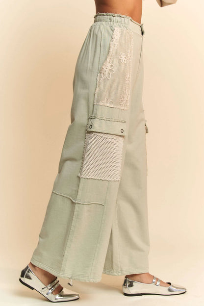 Davi & Dani Lace Patchwork Bottom Opening Adjustable Pants in Sage