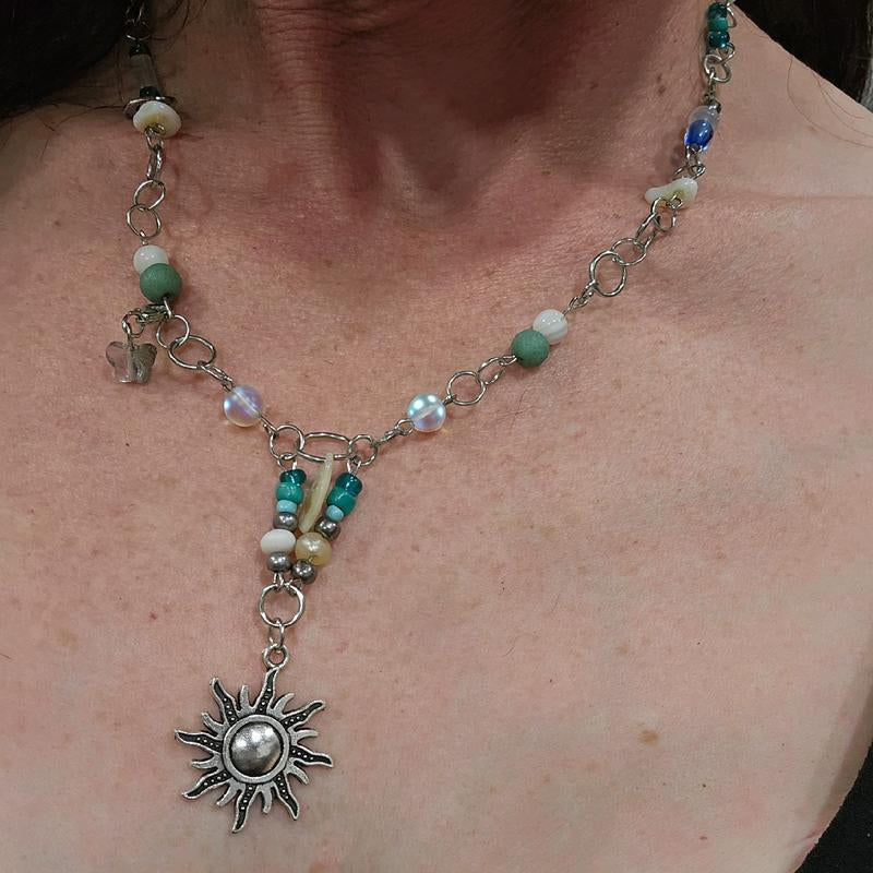 Moonstone and Sunbeam Charm Necklace with Gemstones and Blue Accents