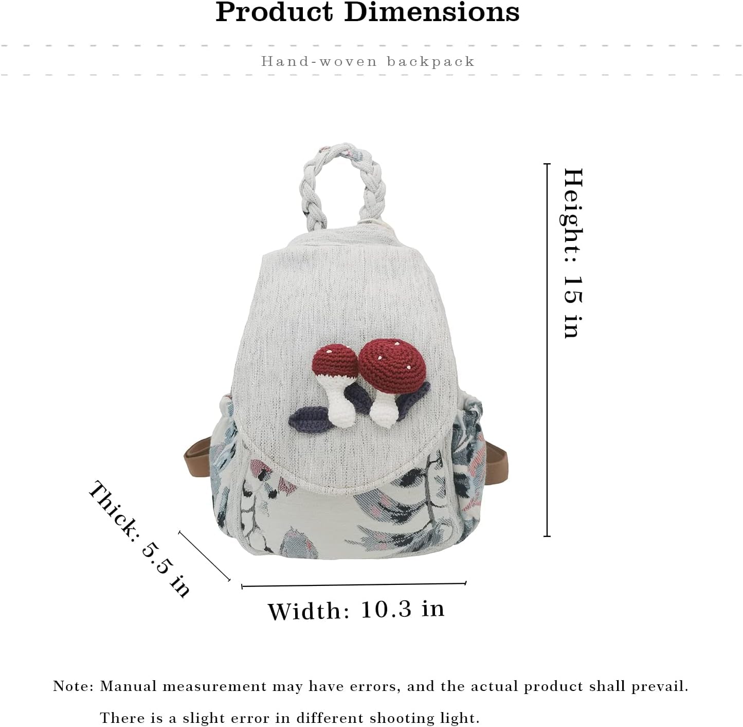 Women Cotton Woven Bohemian Hemp Boho Canvas Embroidery Multi Pocket Retro Cute Backpack Wallet Backpack（Mushroom）