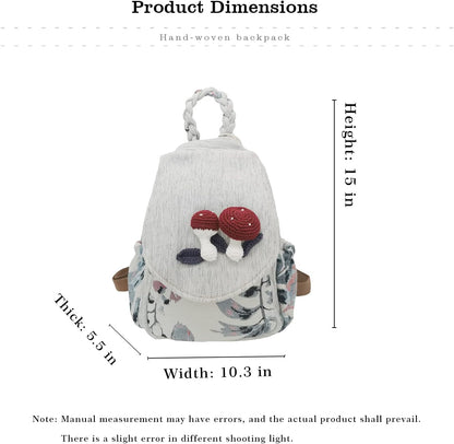 Women Cotton Woven Bohemian Hemp Boho Canvas Embroidery Multi Pocket Retro Cute Backpack Wallet Backpack（Mushroom）