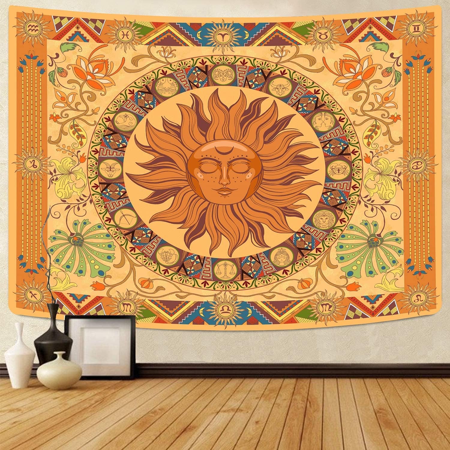 Hippie Tapestry Burning the Sun Tapestry Hippie, Zodiac Tapestries Astrology Tapestry for Bedroom Aesthetic, Flower Tapestry Wall Hanging,Orange Zodiac Sign Tapestry Flowers Vintage Tapestry
