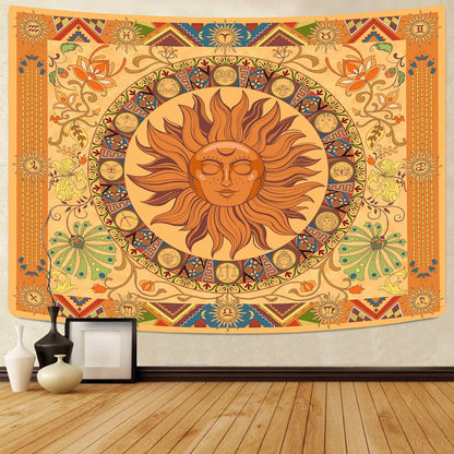 Hippie Tapestry Burning the Sun Tapestry Hippie, Zodiac Tapestries Astrology Tapestry for Bedroom Aesthetic, Flower Tapestry Wall Hanging,Orange Zodiac Sign Tapestry Flowers Vintage Tapestry