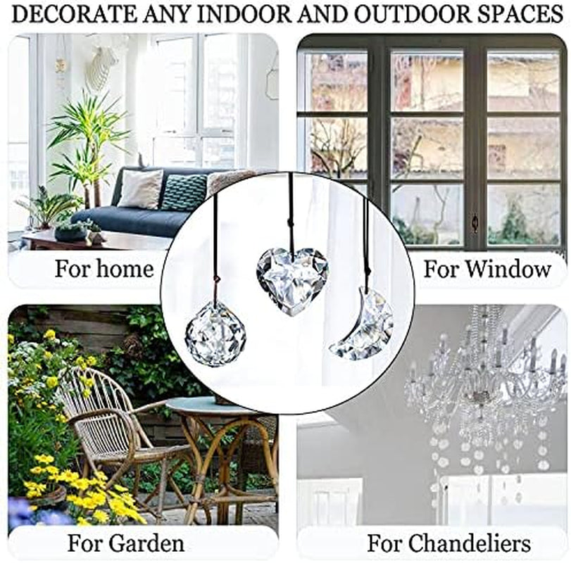 Clear Suncatcher Crystal Prism Ball Heart Moon Window Decor Ornament,Hanging Crystals Prisms for Car Garden,Pack of 3