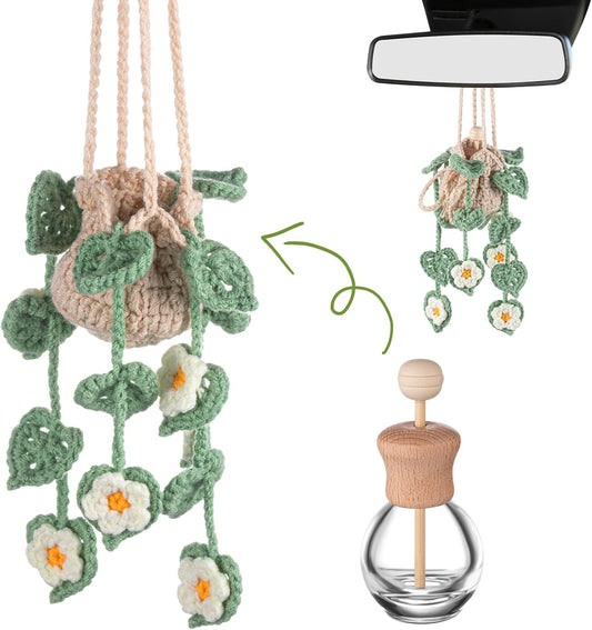 Crochet Plant Car Air Freshener 12Ml Empty Refillable Car Diffuser Bottle with Cute Potted Plants Hanging Accessories Essential Oil Diffuser