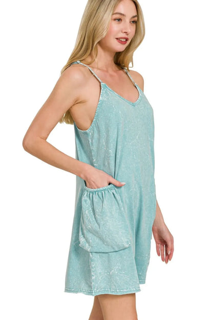 Acid Crinkle Washed Spaghetti Strap Romper