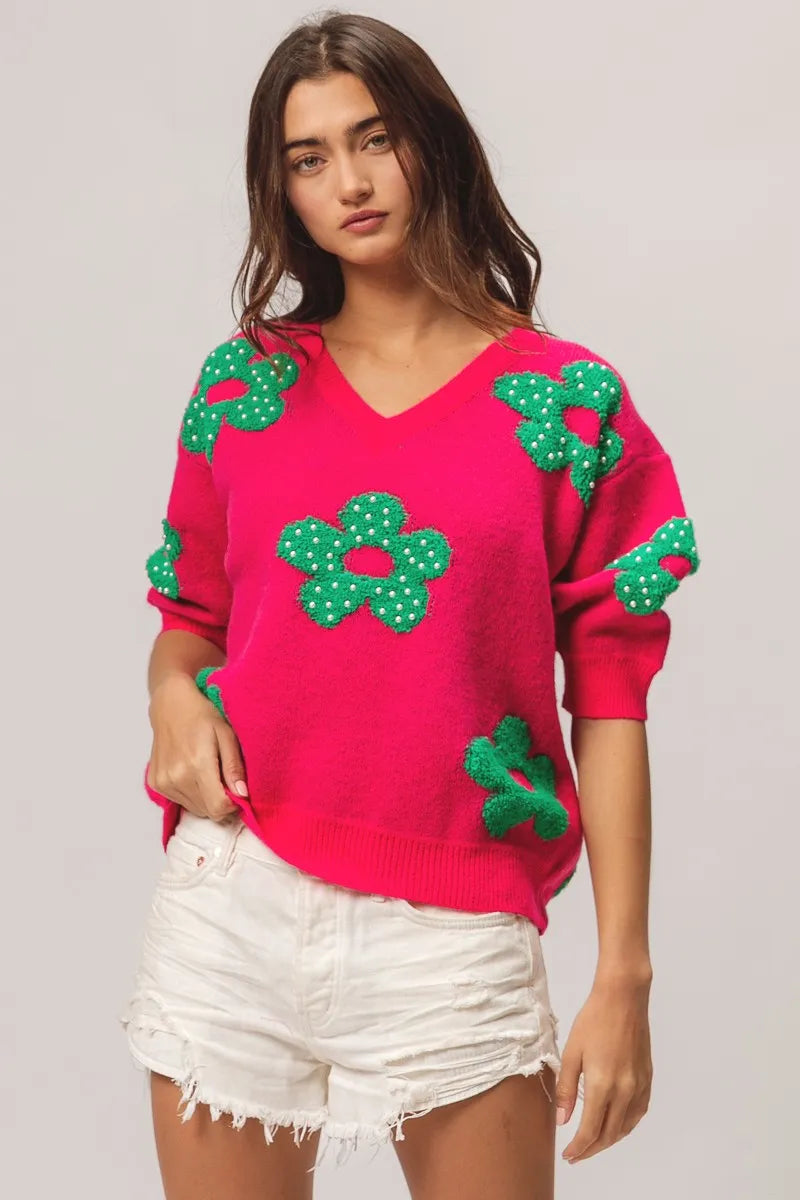 Pearl Beads Flowers Sweater Top