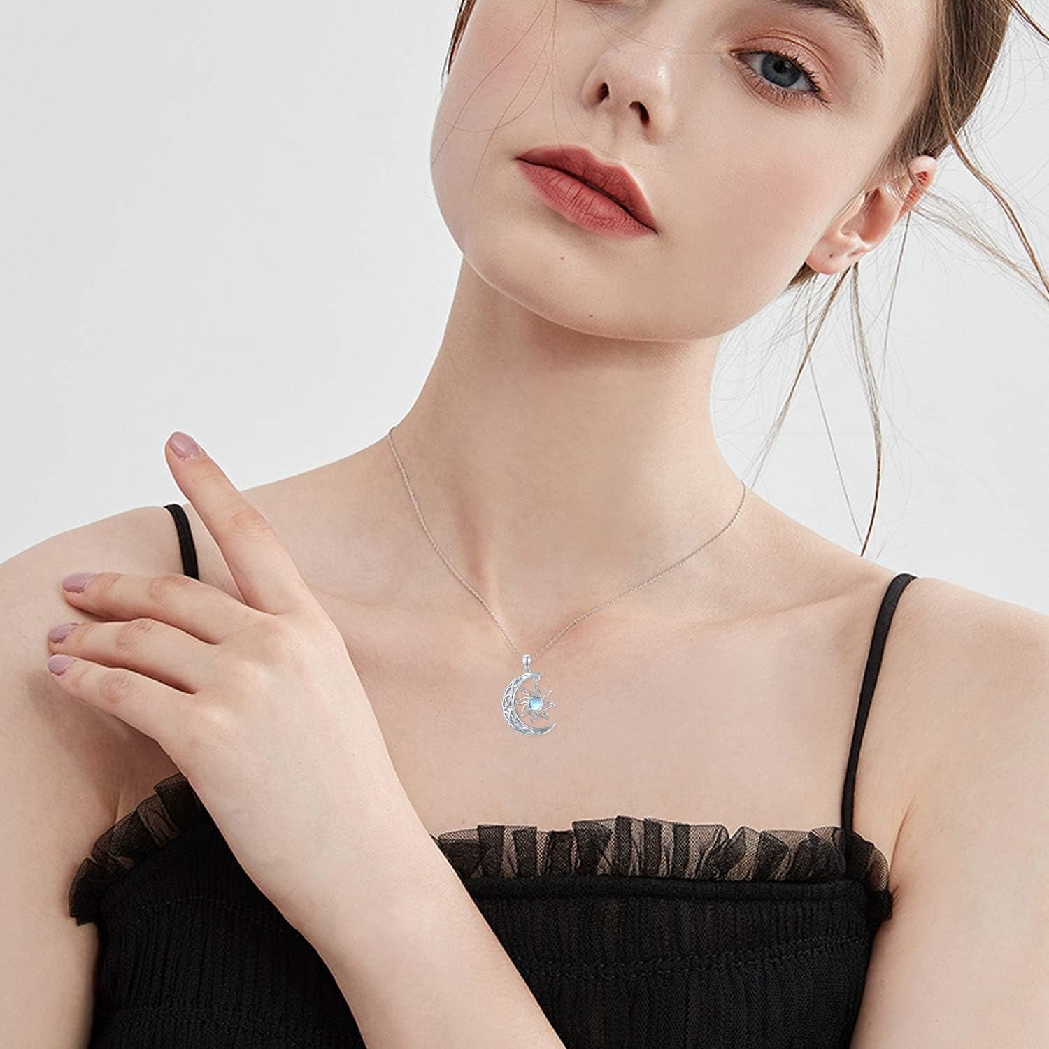 Crescent Moon and Sun Necklace 925 Sterling Silver Moonstone Pendant Necklace Celtic Jewelry Gift for Women