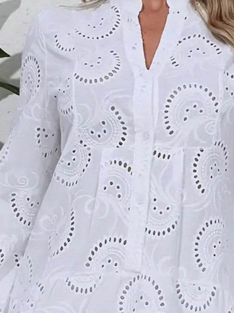 Cotton Embroidered Hollow Tiered Button Dress