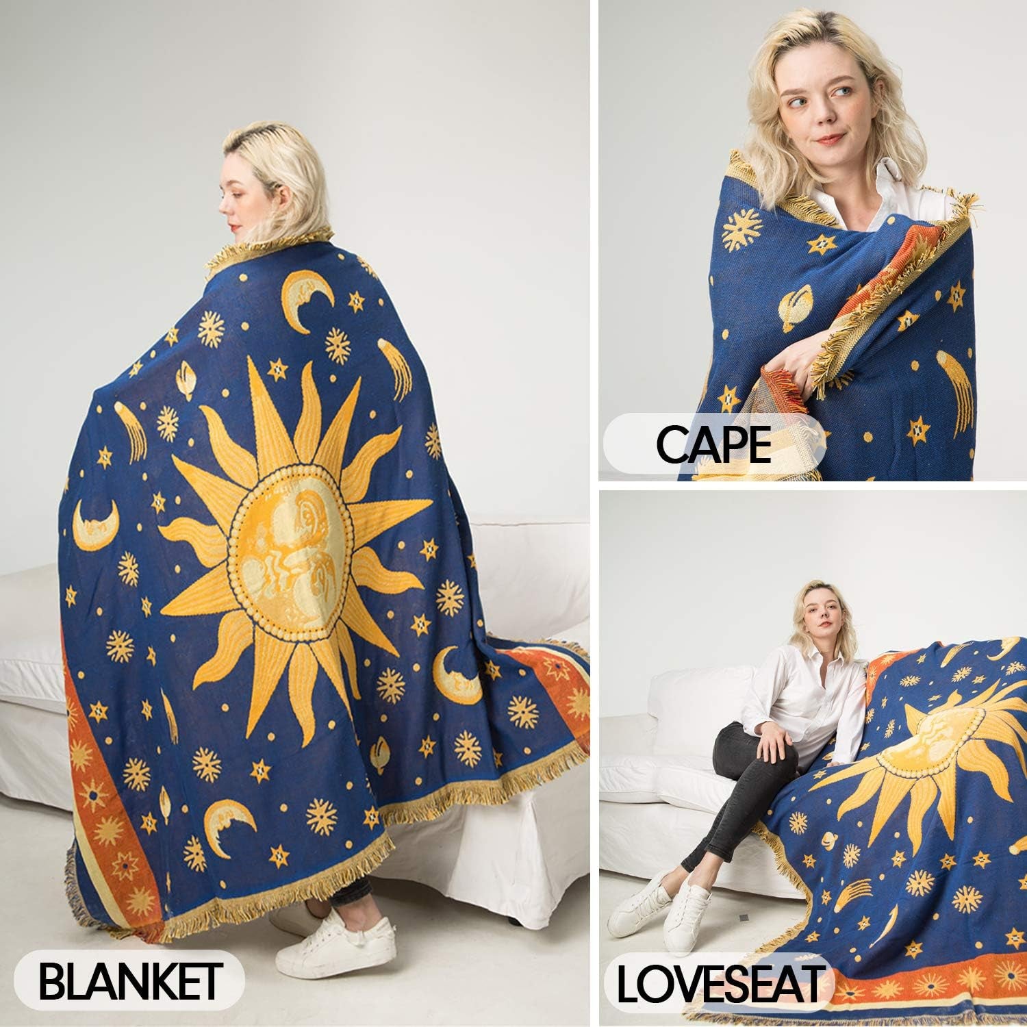 Sun and Moon Stars Hippie Throw Blanket Celestial Tapestry Double-Sided Reversible Woven Cotton Home Decor Bedding Chair Couch Recliner Cover Loveseat Rug Oversized Tassels Blue Yellow (91X71)