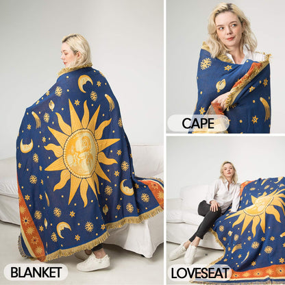 Sun and Moon Stars Hippie Throw Blanket Celestial Tapestry Double-Sided Reversible Woven Cotton Home Decor Bedding Chair Couch Recliner Cover Loveseat Rug Oversized Tassels Blue Yellow (91X71)