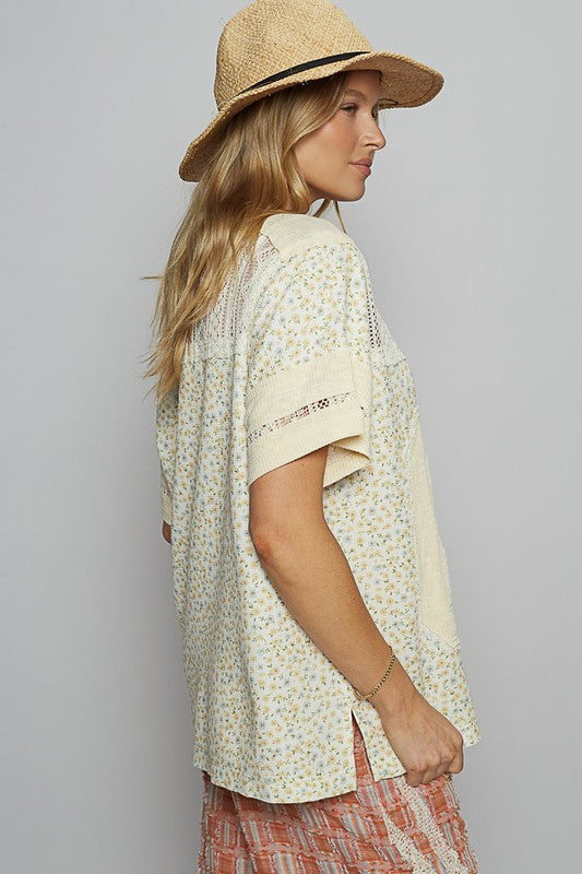 POL Clothing Number Floral Crochet Button Detail Half Sleeve Top