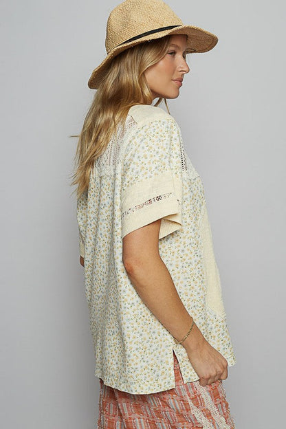 POL Clothing Number Floral Crochet Button Detail Half Sleeve Top