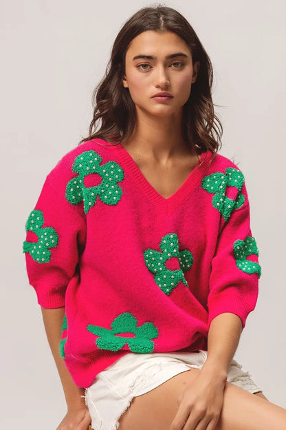 Pearl Beads Flowers Sweater Top