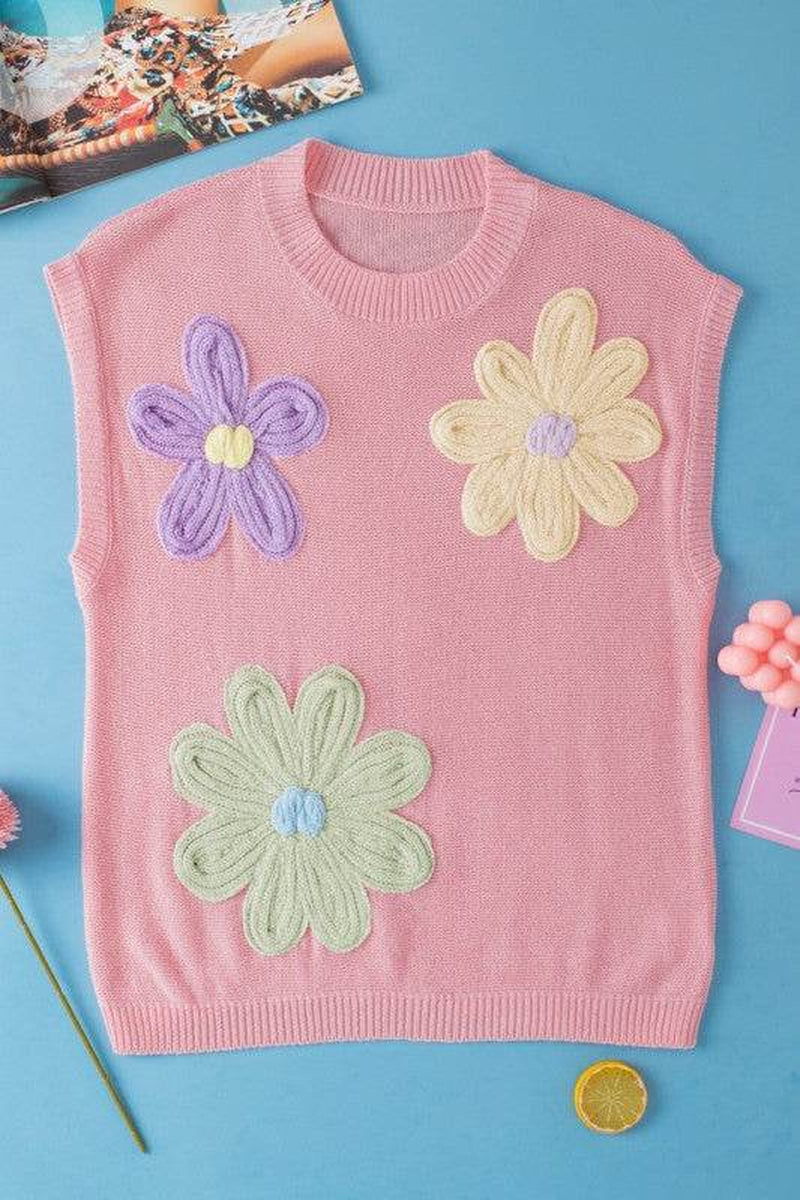 Hannah Crochet Flower Knit Short Sleeve Sweater To