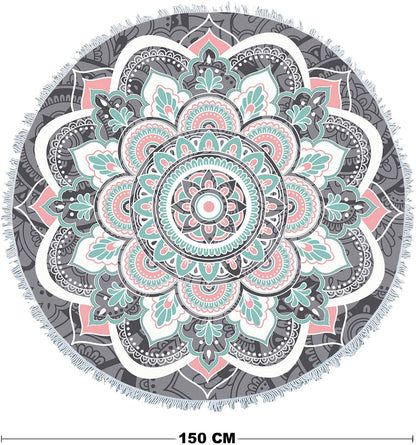 Mandala round Boho Beach Towel Blanket, Oversized Microfiber Hippie Bohemian Absorbent Fast Dry Sand Free Circle Swim Pool Yoga Towel Table Cloth, Soft 59 Inch Mediation Mat Wall Decor with Tassels