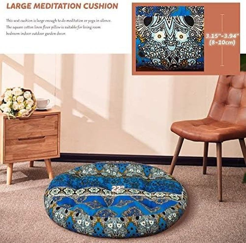Boho Floor Pillow, Bohemian Patchwork Style Meditation Pillow round Seat Cushion Yoga Cushion India Seating Pad for Living Room Bedroom Balcony Garden, 22 Inch, Blue