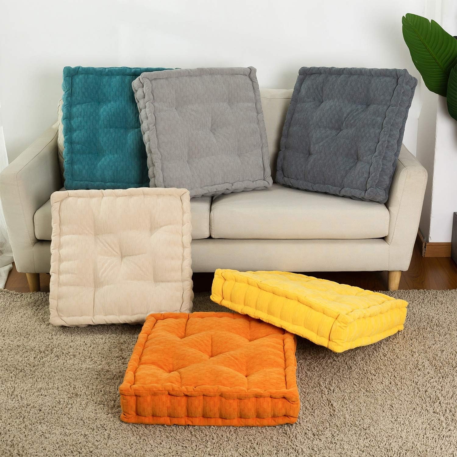 Floor Cushion Pouf, Square Floor Pillow Seating Chenille Meditation Cushion, Thick Tufted Pillows for Living Room Yoga Bedroom Sofa, Beige, 20"X20"X5.5"
