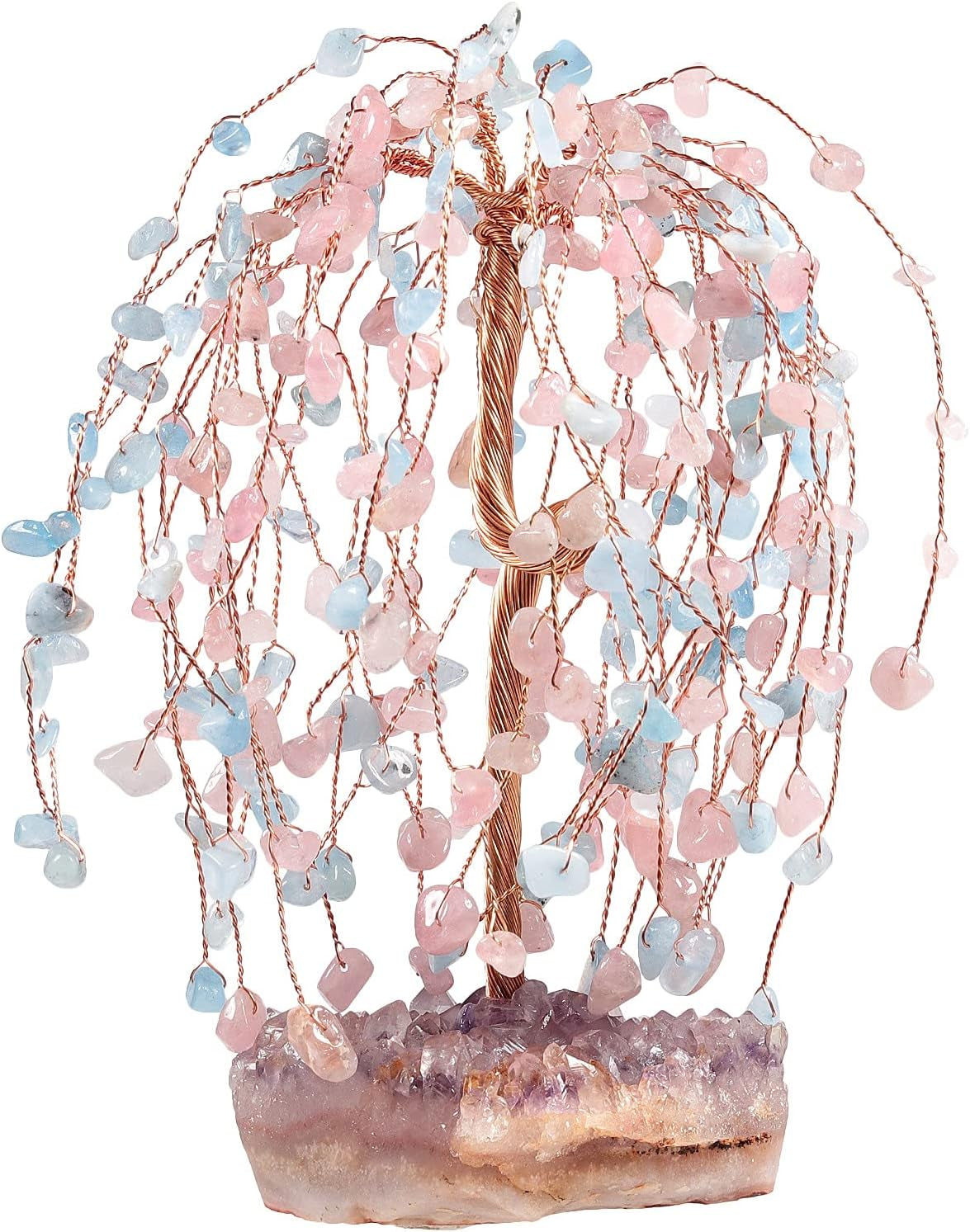 Natural Rose Quartz & Aquamarine Crystal Tree with Amethyst Cluster Crystal Base, Feng Shui Bonsai Money Tree Figurine for Home Office Desktop Decoration 5.5-6.7 Inch High