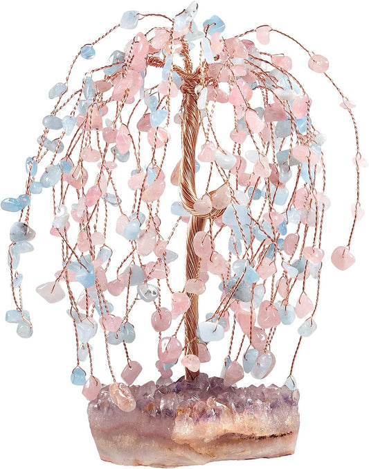 Natural Rose Quartz & Aquamarine Crystal Tree with Amethyst Cluster Crystal Base, Feng Shui Bonsai Money Tree Figurine for Home Office Desktop Decoration 5.5-6.7 Inch High