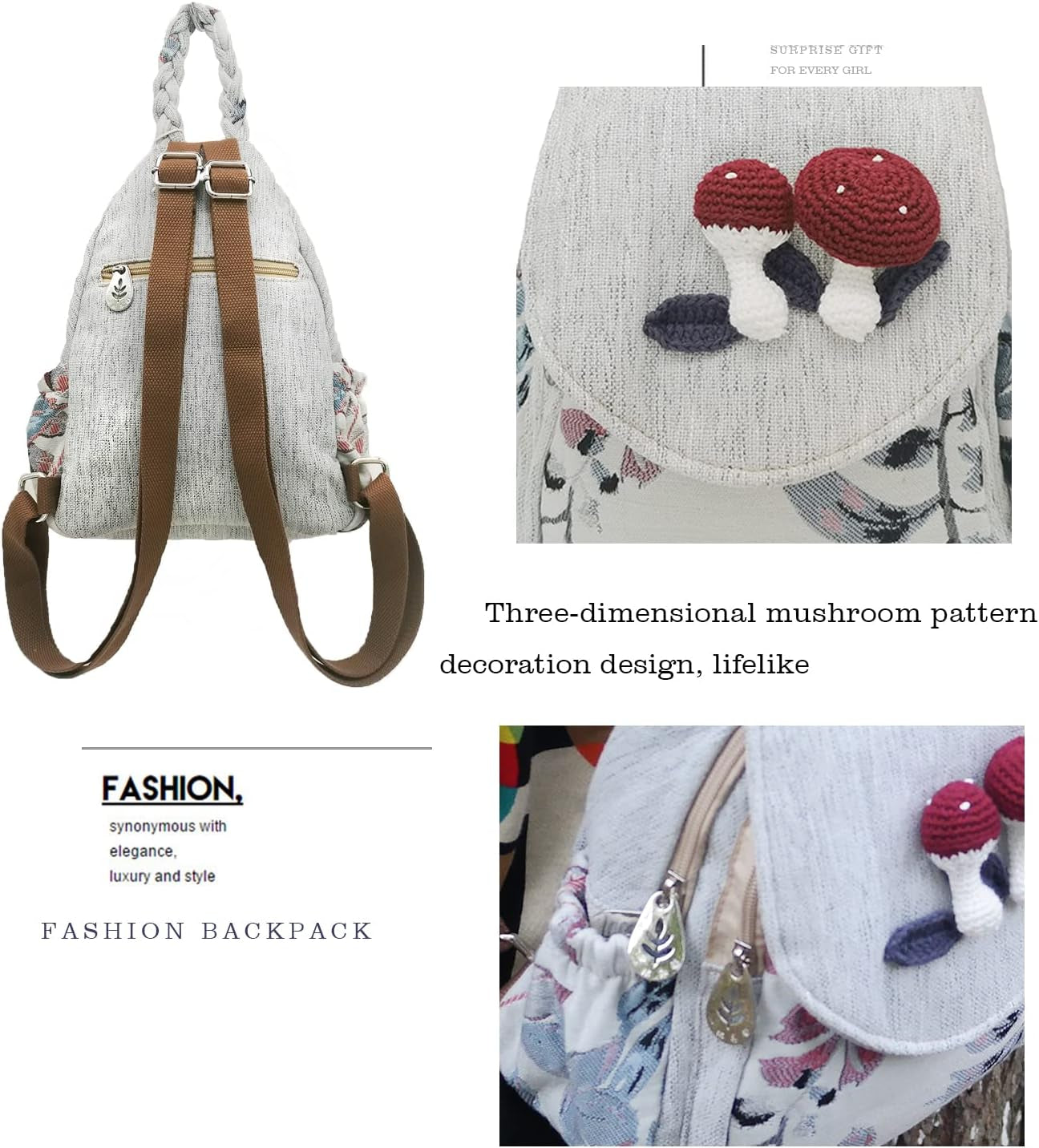 Women Cotton Woven Bohemian Hemp Boho Canvas Embroidery Multi Pocket Retro Cute Backpack Wallet Backpack（Mushroom）