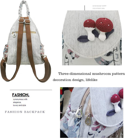 Women Cotton Woven Bohemian Hemp Boho Canvas Embroidery Multi Pocket Retro Cute Backpack Wallet Backpack（Mushroom）